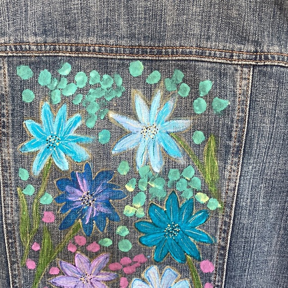 Artisan Hand Painted R Jeans Jacket Floral Design Cotton/Spandex Size Me… - Picture 2 of 9
